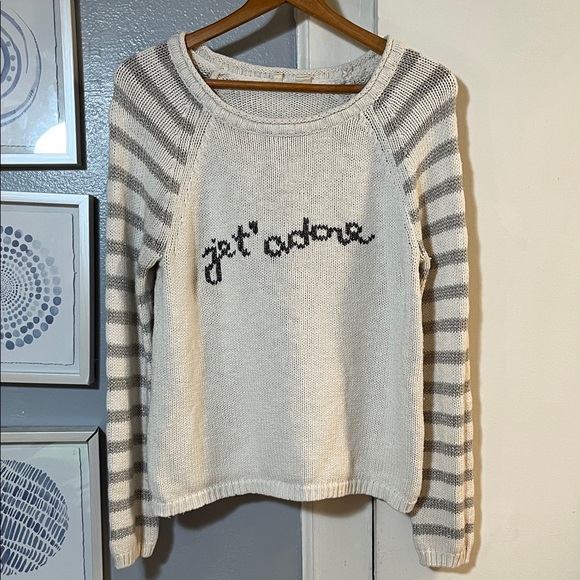 Anthropologie Moth "Jet'adore" Cream and Gray Striped Crew Neck Sweater Size L - Picture 2 of 6